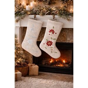 Embroidered Linen Christmas Stockings Pair Poinsettia‎ Rustic Holiday Decor